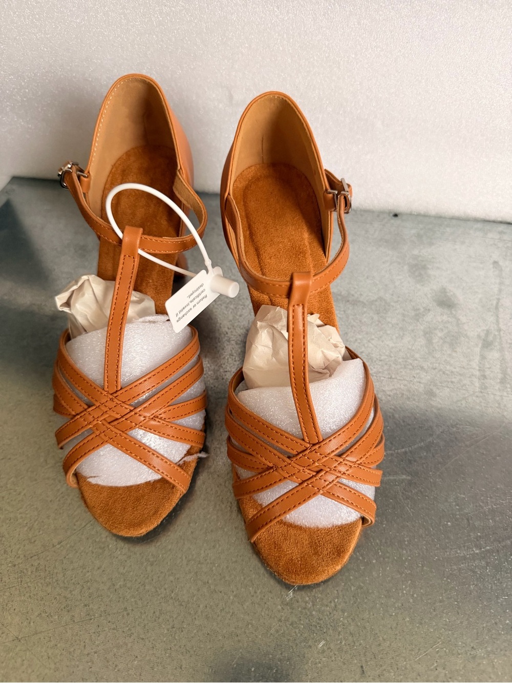 Women's Tan Strappy T‑Bar Heels with Ankle Buckle